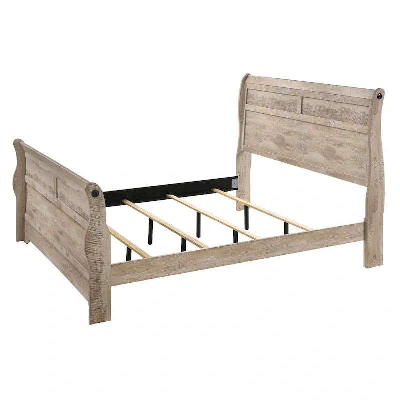 Chambre à coucher Imerland au fini blanc délavé contemporain avec lit traîneau, commode, miroir, table de chevet, chiffonnier
