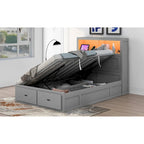 Lit plateforme hydraulique double en bois avec rangement, tête de lit à LED, station de charge et 2 tiroirs, Gris
