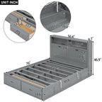 Lit plateforme hydraulique double en bois avec rangement, tête de lit à LED, station de charge et 2 tiroirs, Gris
