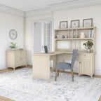 Bureau d'angle Salinas 60W avec huche et classeur latéral en blanc