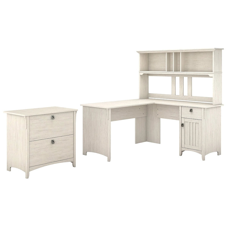 Bureau d'angle Salinas 60W avec huche et classeur latéral en blanc