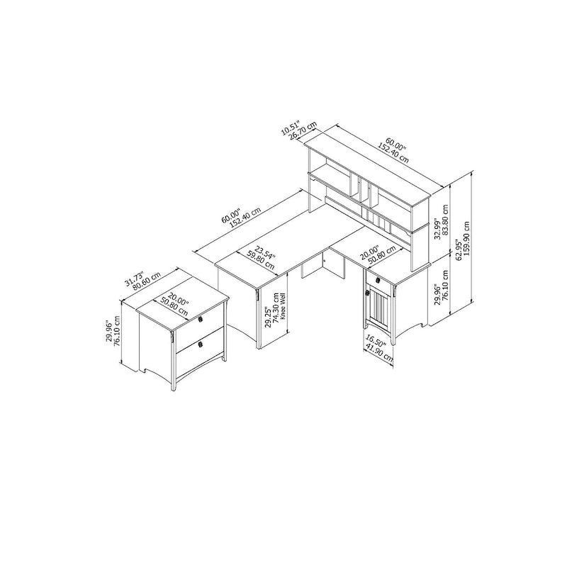 Bureau d'angle Salinas 60W avec huche et classeur latéral en blanc