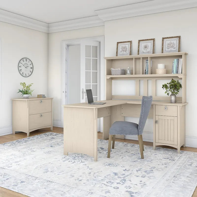 Bureau d'angle Salinas 60W avec huche et classeur latéral en blanc