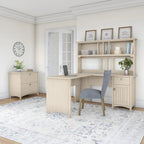 Bureau d'angle Salinas 60W avec huche et classeur latéral en blanc