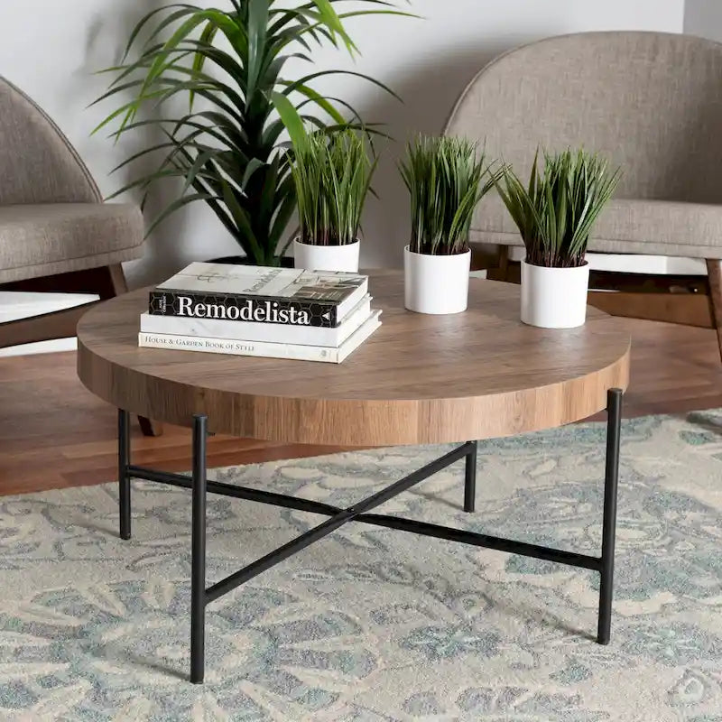 Table basse Umar moderne en bois noyer et métal noir