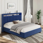 Lit Queen Size avec tête de lit de rangement relevable à vérin à gaz en velours et lumières LED