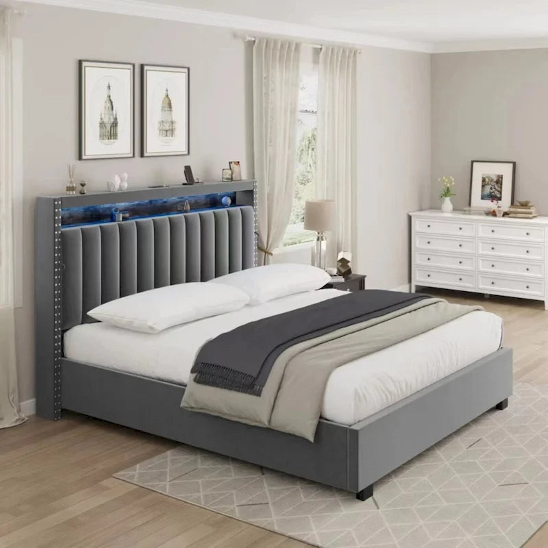 Lit Queen Size avec tête de lit de rangement relevable à vérin à gaz en velours et lumières LED