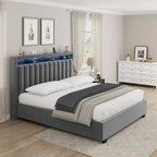 Lit Queen Size avec tête de lit de rangement relevable à vérin à gaz en velours et lumières LED
