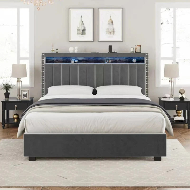 Lit Queen Size avec tête de lit de rangement relevable à vérin à gaz en velours et lumières LED