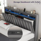 Lit Queen Size avec tête de lit de rangement relevable à vérin à gaz en velours et lumières LED