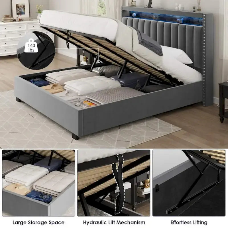 Lit Queen Size avec tête de lit de rangement relevable à vérin à gaz en velours et lumières LED