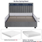 Lit Queen Size avec tête de lit de rangement relevable à vérin à gaz en velours et lumières LED