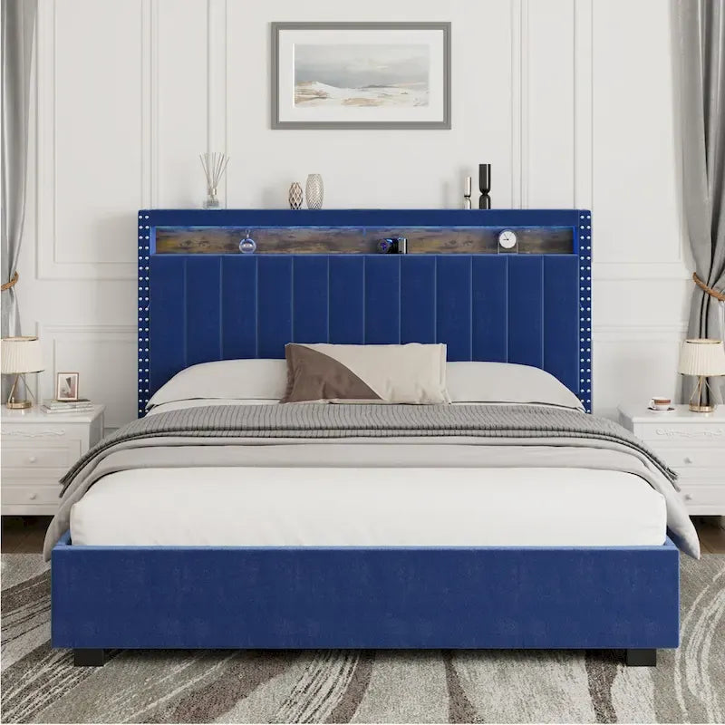 Lit Queen Size avec tête de lit de rangement relevable à vérin à gaz en velours et lumières LED