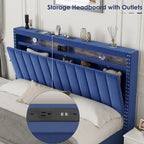 Lit Queen Size avec tête de lit de rangement relevable à vérin à gaz en velours et lumières LED