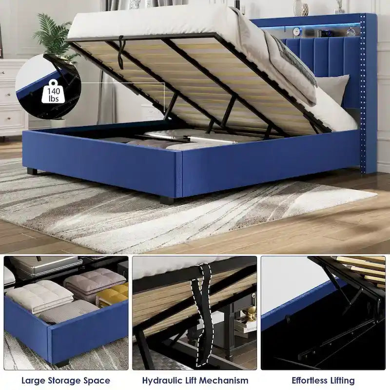 Lit Queen Size avec tête de lit de rangement relevable à vérin à gaz en velours et lumières LED