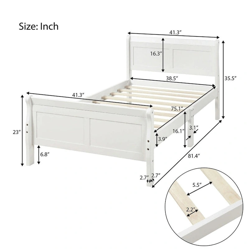 Lit plateforme en bois - Lit jumeau - Sommier tapissier - Lit traîneau avec tête de lit/pied de lit/support à lattes en bois