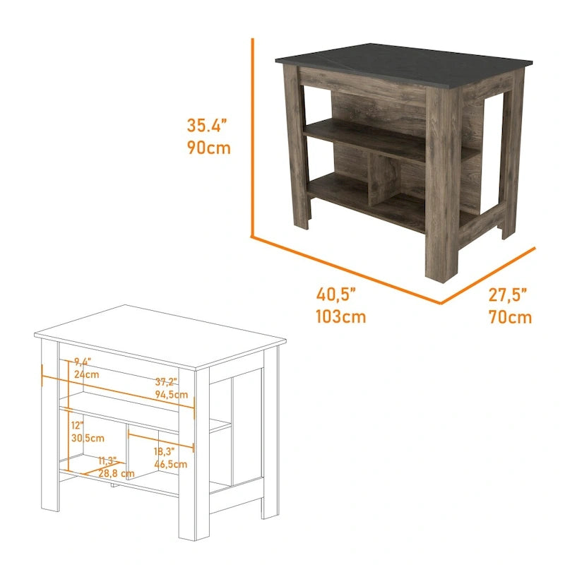 Table de salle à manger îlot de cuisine en bois de 40,5 po de largeur avec 3 tablettes