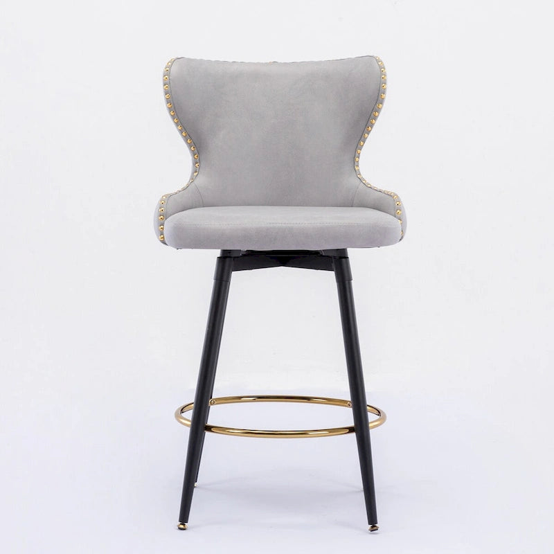 Chaises de bar modernes en tissu Leathaire hauteur comptoir, pivotantes, avec dossier capitonné et garniture cloutée dorée, lot de 2