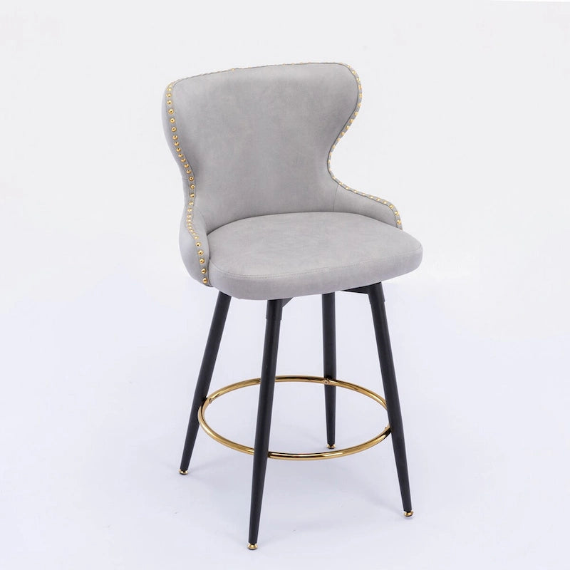 Chaises de bar modernes en tissu Leathaire hauteur comptoir, pivotantes, avec dossier capitonné et garniture cloutée dorée, lot de 2