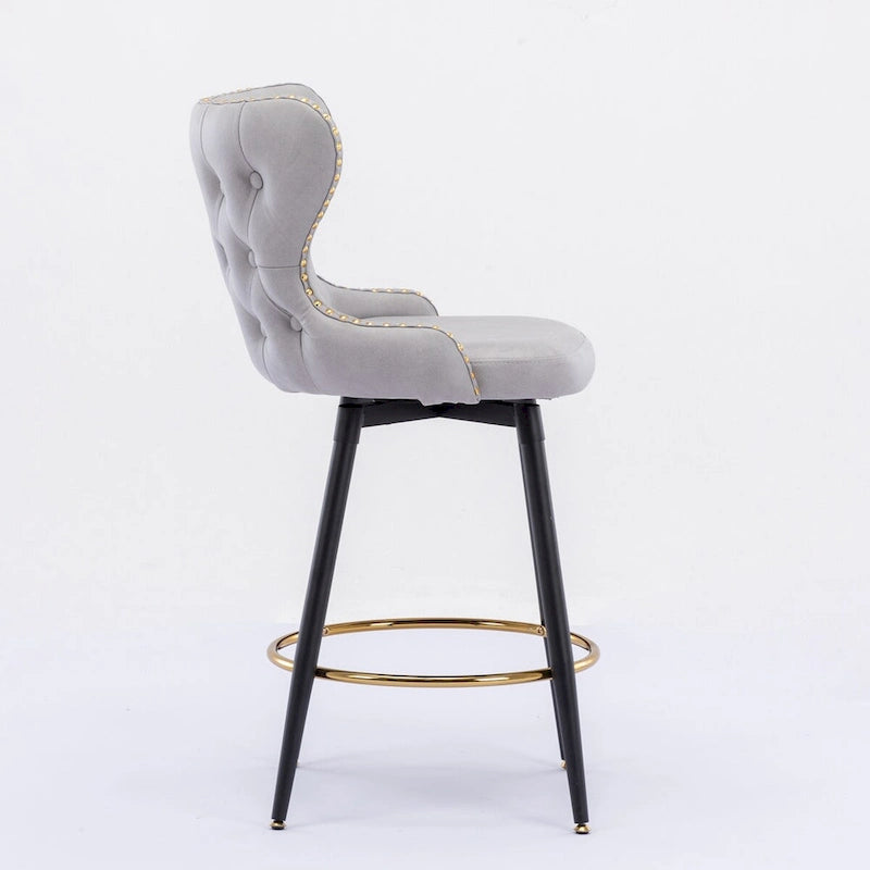 Chaises de bar modernes en tissu Leathaire hauteur comptoir, pivotantes, avec dossier capitonné et garniture cloutée dorée, lot de 2