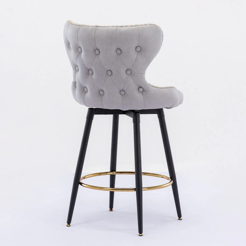 Chaises de bar modernes en tissu Leathaire hauteur comptoir, pivotantes, avec dossier capitonné et garniture cloutée dorée, lot de 2