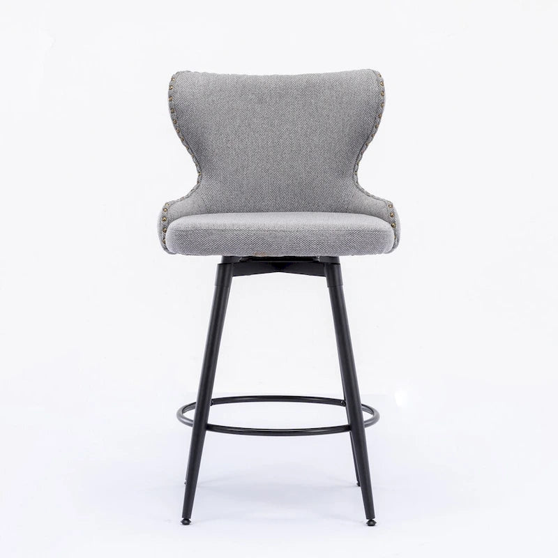 Chaises de bar modernes en tissu Leathaire hauteur comptoir, pivotantes, avec dossier capitonné et garniture cloutée dorée, lot de 2