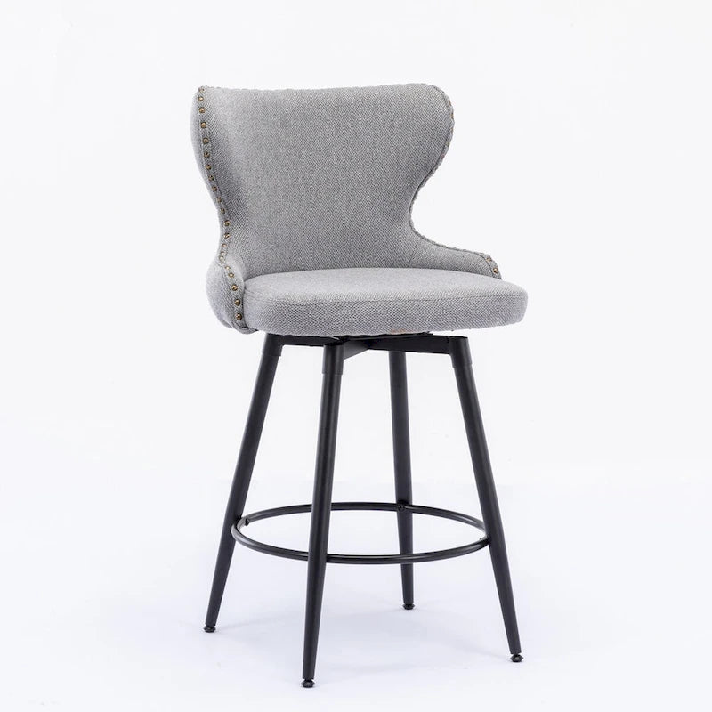 Chaises de bar modernes en tissu Leathaire hauteur comptoir, pivotantes, avec dossier capitonné et garniture cloutée dorée, lot de 2