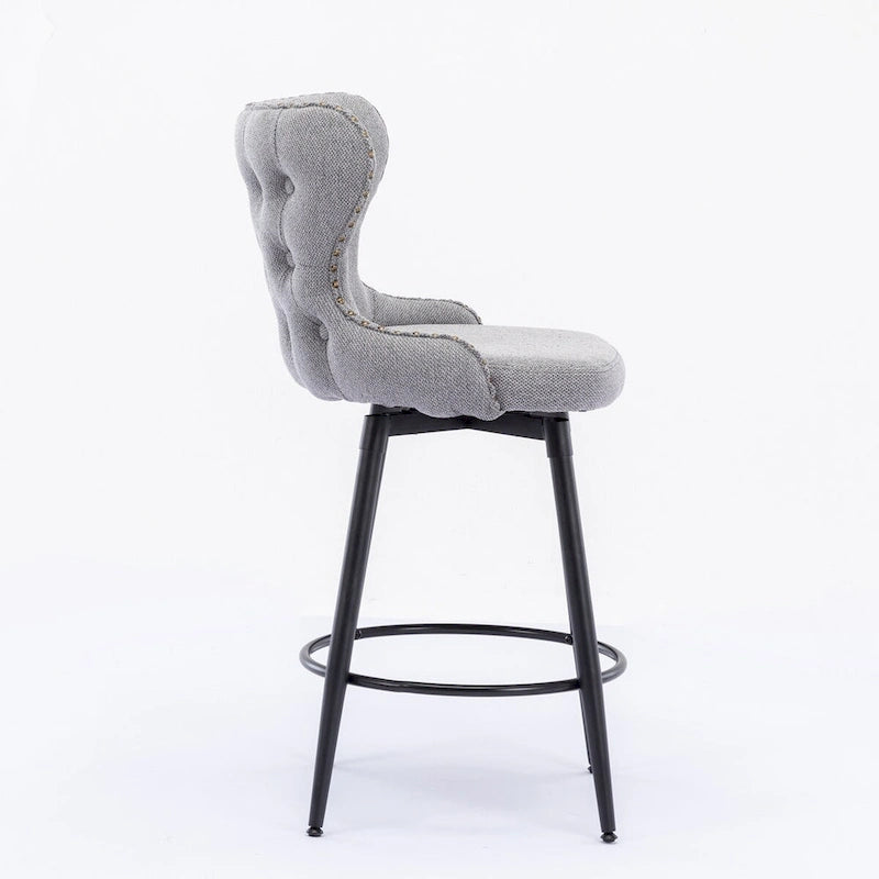 Chaises de bar modernes en tissu Leathaire hauteur comptoir, pivotantes, avec dossier capitonné et garniture cloutée dorée, lot de 2