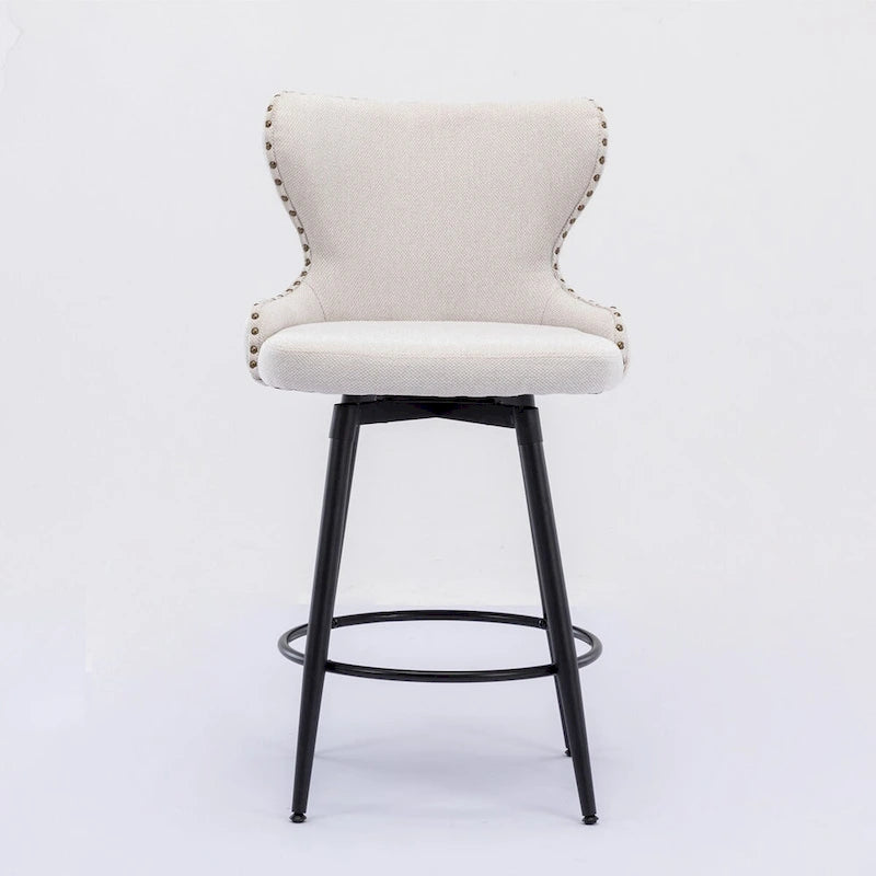 Chaises de bar modernes en tissu Leathaire hauteur comptoir, pivotantes, avec dossier capitonné et garniture cloutée dorée, lot de 2