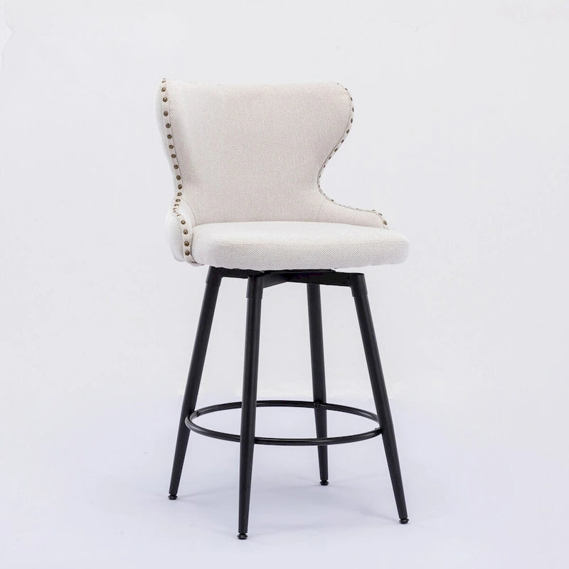 Chaises de bar modernes en tissu Leathaire hauteur comptoir, pivotantes, avec dossier capitonné et garniture cloutée dorée, lot de 2