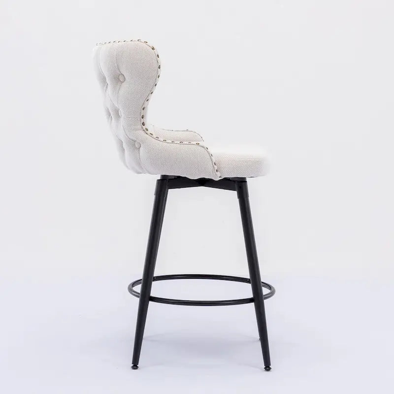 Chaises de bar modernes en tissu Leathaire hauteur comptoir, pivotantes, avec dossier capitonné et garniture cloutée dorée, lot de 2