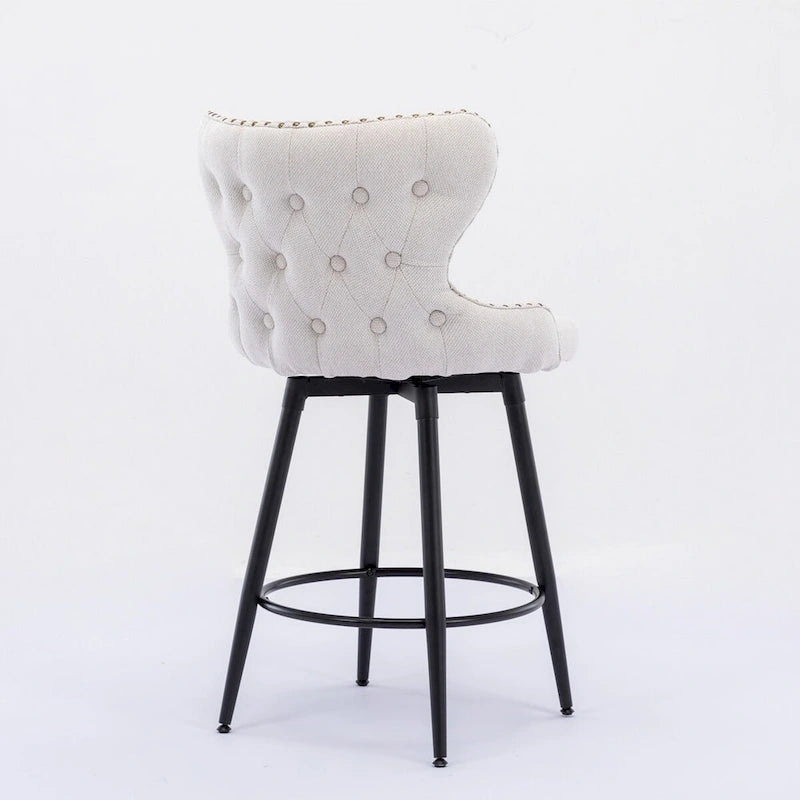 Chaises de bar modernes en tissu Leathaire hauteur comptoir, pivotantes, avec dossier capitonné et garniture cloutée dorée, lot de 2