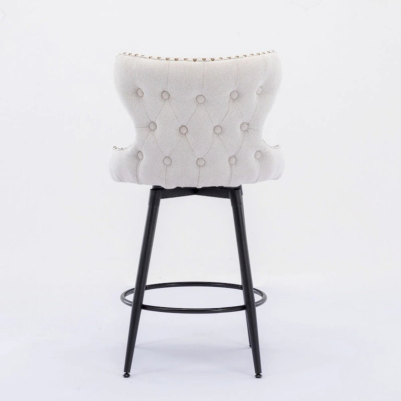 Chaises de bar modernes en tissu Leathaire hauteur comptoir, pivotantes, avec dossier capitonné et garniture cloutée dorée, lot de 2