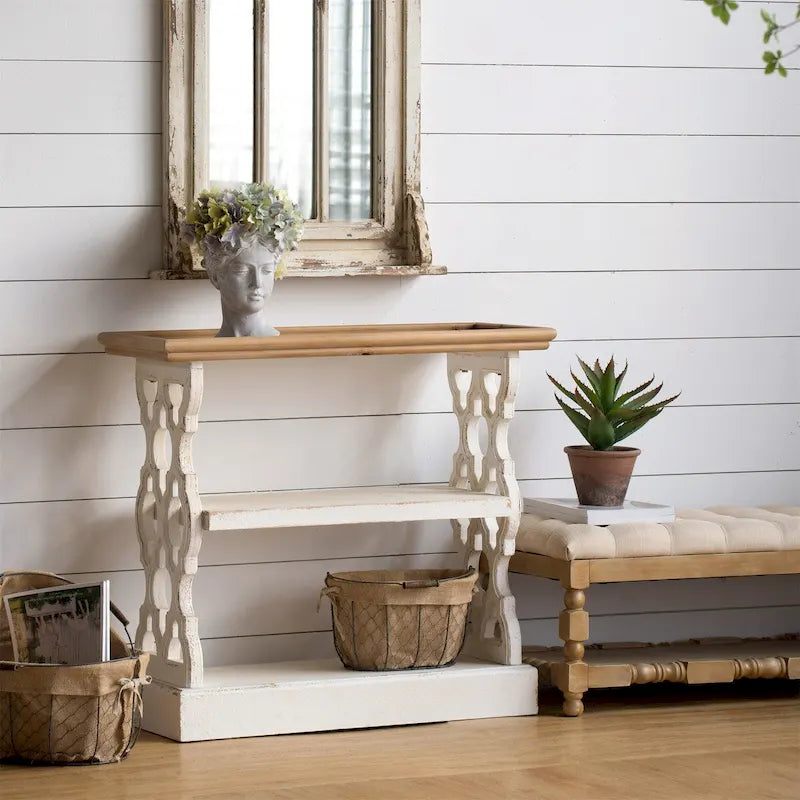 Console en bois vieilli avec étagère et plateau de service