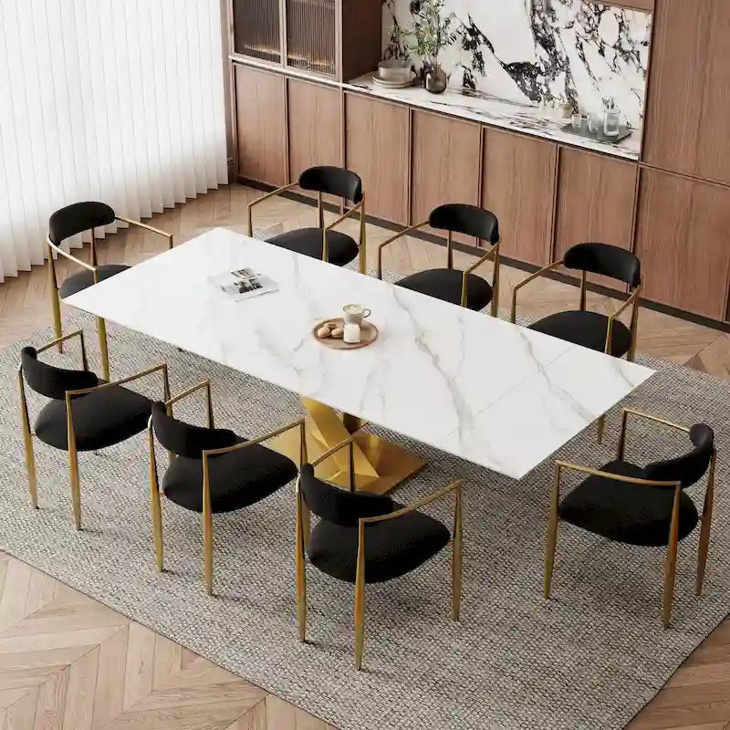 Ensemble de salle à manger moderne et minimaliste de 9 pièces avec plateau en pierre frittée extensible de 240 cm et 8 chaises en tissu