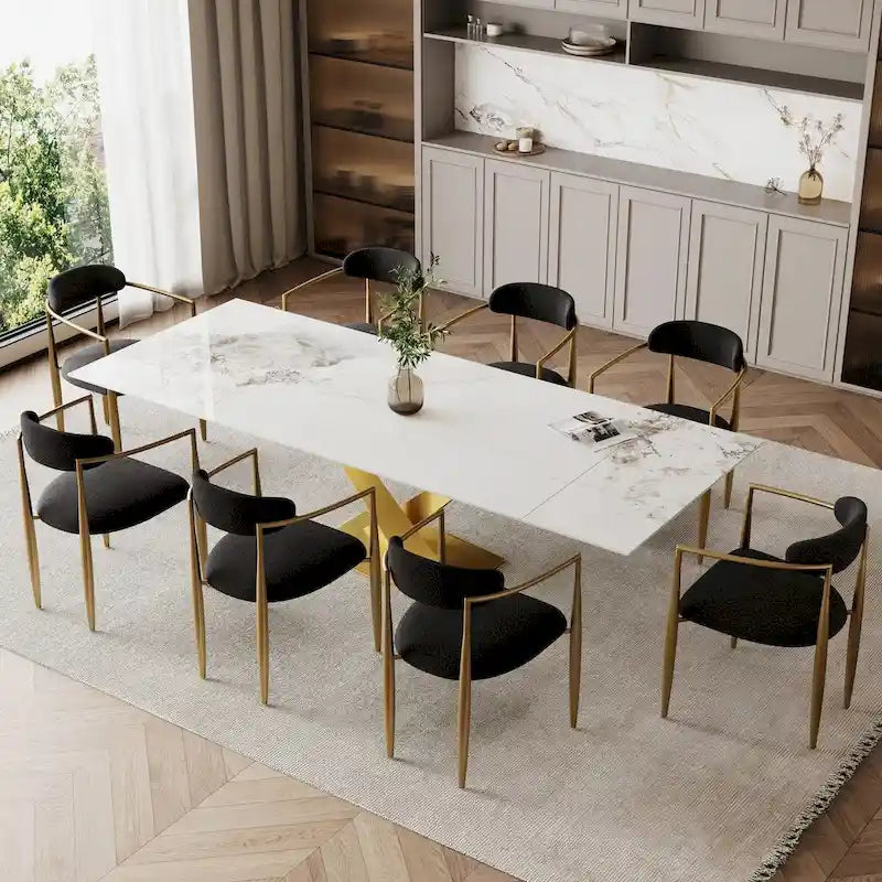 Ensemble de salle à manger moderne et minimaliste de 9 pièces avec plateau en pierre frittée extensible de 240 cm et 8 chaises en tissu