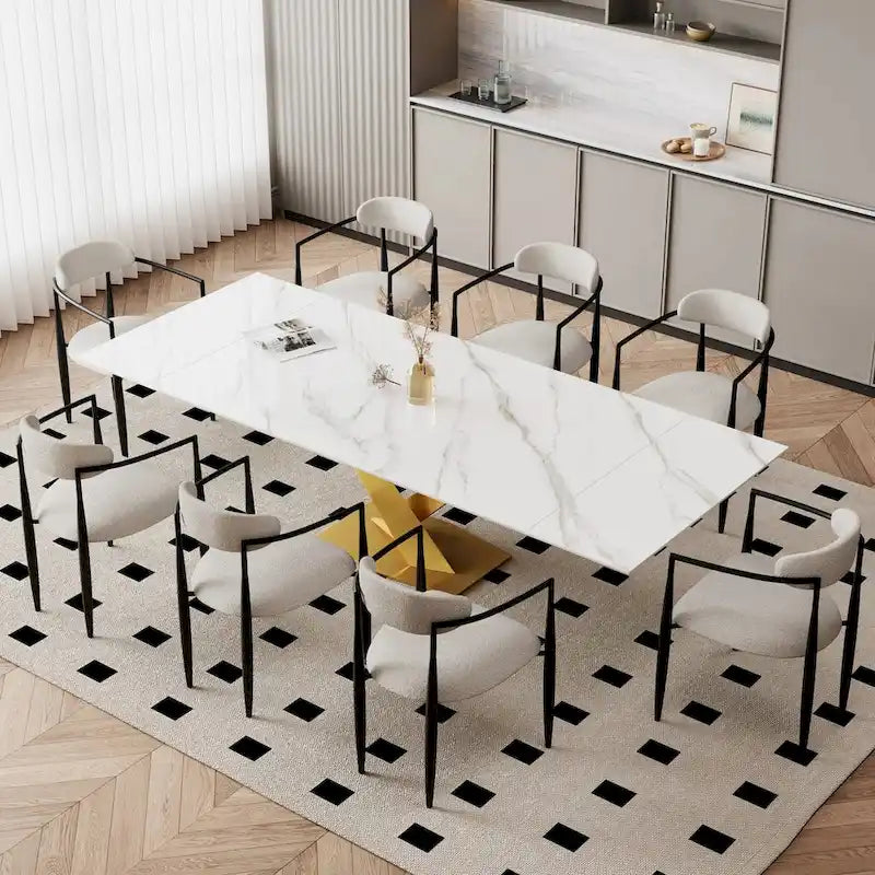 Ensemble de salle à manger moderne et minimaliste de 9 pièces avec plateau en pierre frittée extensible de 240 cm et 8 chaises en tissu