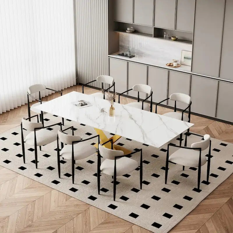 Ensemble de salle à manger moderne et minimaliste de 9 pièces avec plateau en pierre frittée extensible de 240 cm et 8 chaises en tissu
