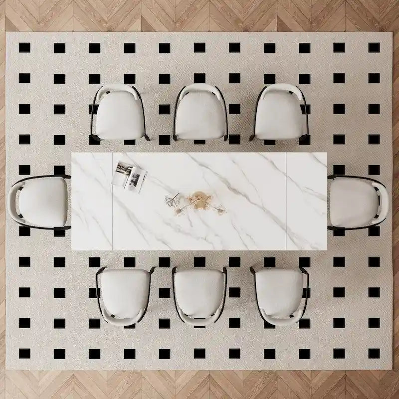 Ensemble de salle à manger moderne et minimaliste de 9 pièces avec plateau en pierre frittée extensible de 240 cm et 8 chaises en tissu