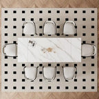 Ensemble de salle à manger moderne et minimaliste de 9 pièces avec plateau en pierre frittée extensible de 240 cm et 8 chaises en tissu