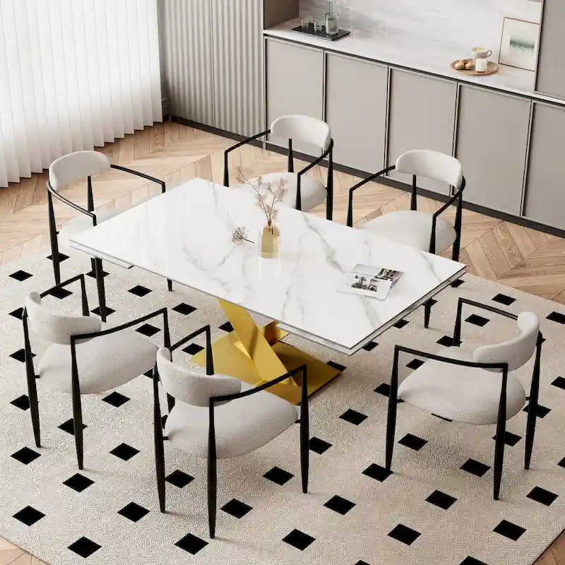 Ensemble de salle à manger moderne et minimaliste de 9 pièces avec plateau en pierre frittée extensible de 240 cm et 8 chaises en tissu