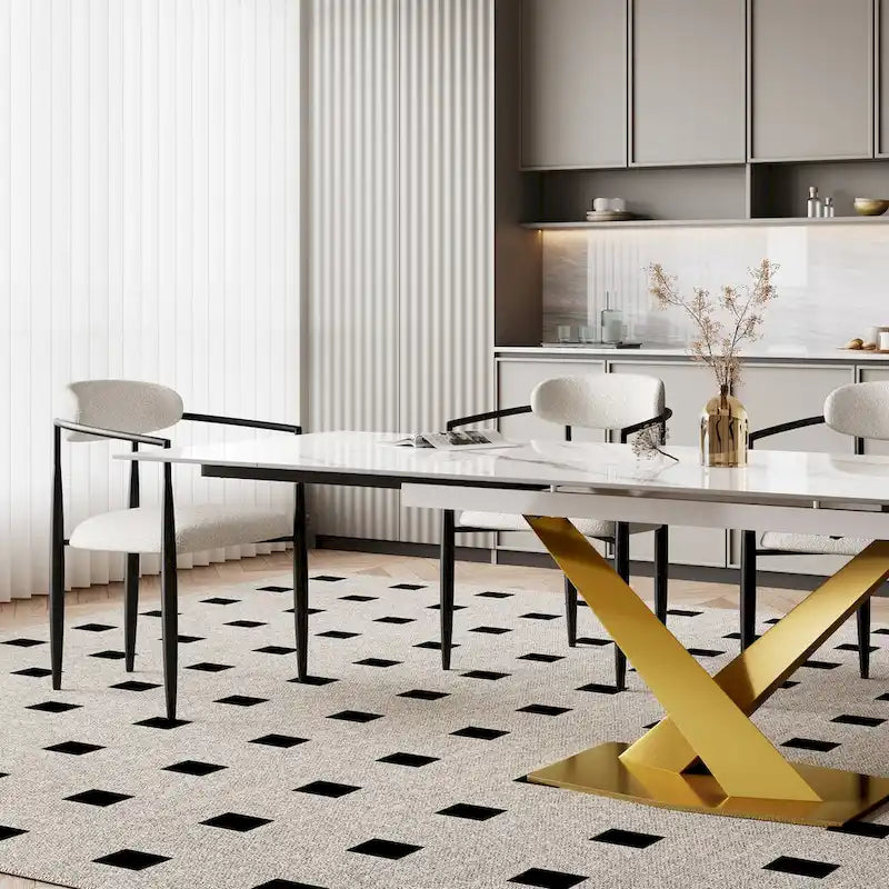 Ensemble de salle à manger moderne et minimaliste de 9 pièces avec plateau en pierre frittée extensible de 240 cm et 8 chaises en tissu