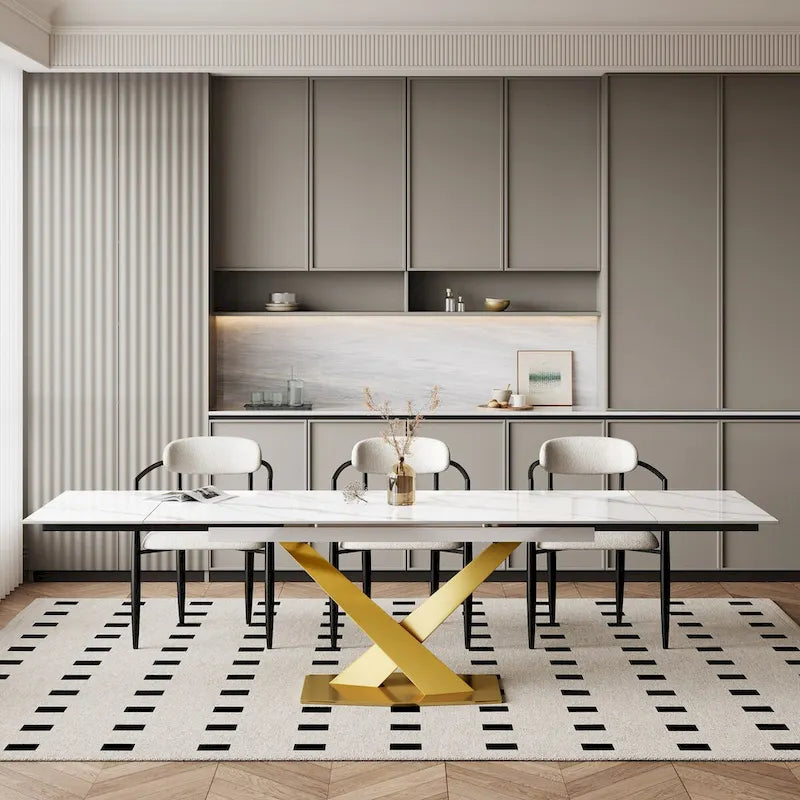 Ensemble de salle à manger moderne et minimaliste de 9 pièces avec plateau en pierre frittée extensible de 240 cm et 8 chaises en tissu