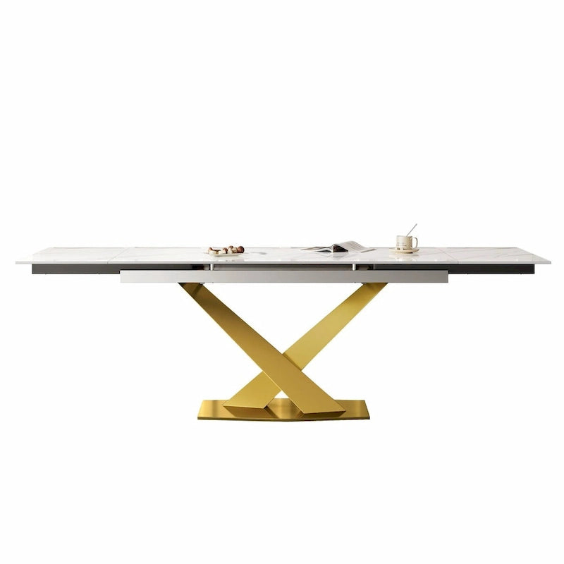 Ensemble de salle à manger moderne et minimaliste de 9 pièces avec plateau en pierre frittée extensible de 240 cm et 8 chaises en tissu