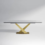 Ensemble de salle à manger moderne et minimaliste de 9 pièces avec plateau en pierre frittée extensible de 240 cm et 8 chaises en tissu