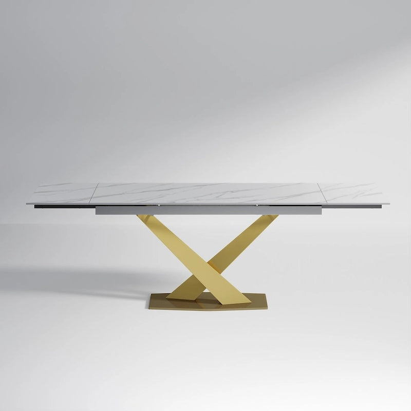Ensemble de salle à manger moderne et minimaliste de 9 pièces avec plateau en pierre frittée extensible de 240 cm et 8 chaises en tissu