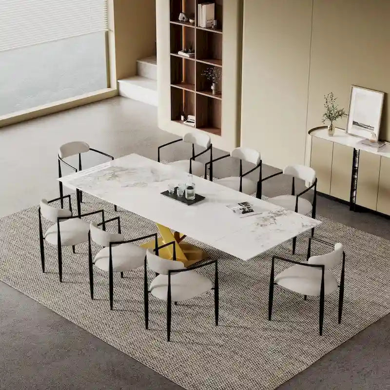 Ensemble de salle à manger moderne et minimaliste de 9 pièces avec plateau en pierre frittée extensible de 240 cm et 8 chaises en tissu