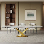 Ensemble de salle à manger moderne et minimaliste de 9 pièces avec plateau en pierre frittée extensible de 240 cm et 8 chaises en tissu