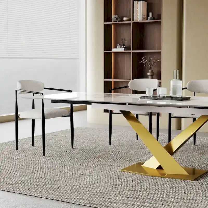 Ensemble de salle à manger moderne et minimaliste de 9 pièces avec plateau en pierre frittée extensible de 240 cm et 8 chaises en tissu