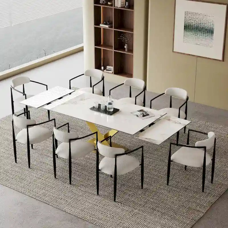 Ensemble de salle à manger moderne et minimaliste de 9 pièces avec plateau en pierre frittée extensible de 240 cm et 8 chaises en tissu